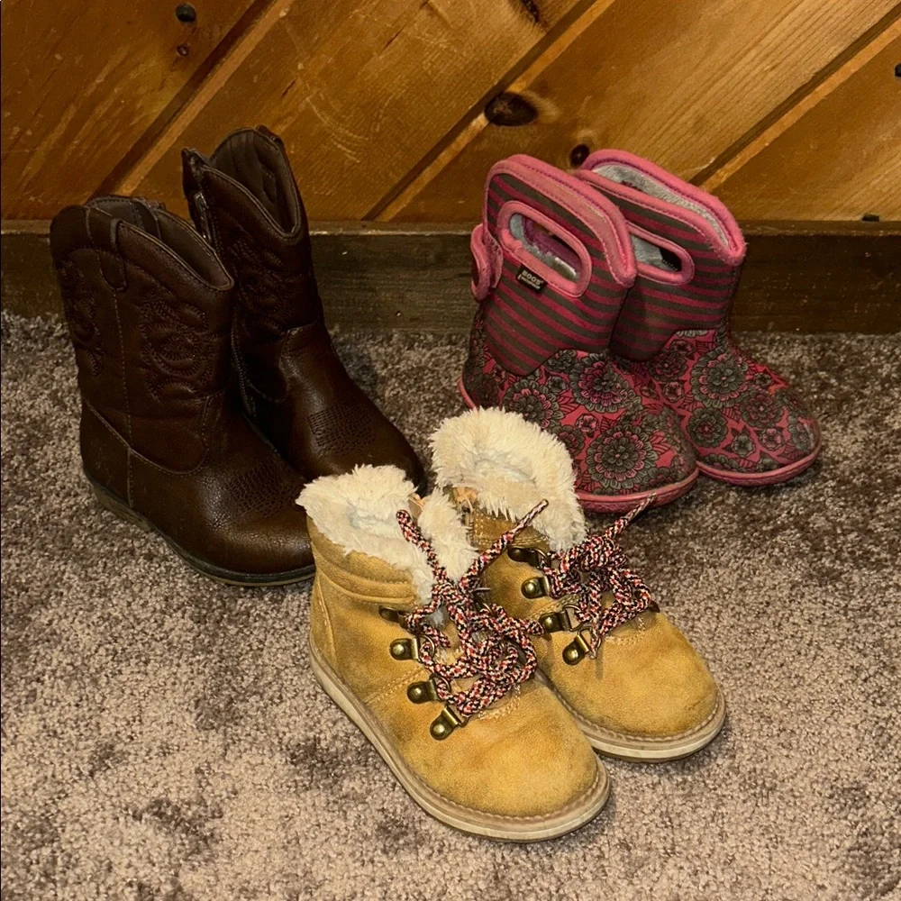 Toddler girls size 8 cowboy, bogs waterproof, and cat & Jack boots bundle